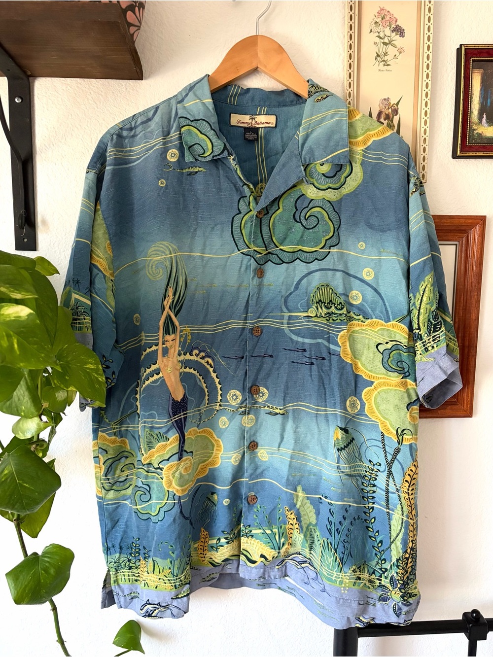 Vtg 100% Silk Short-Sleeve Hawaiian Camp Shirt Blue Mermaid Ocean Tommy Bahama L